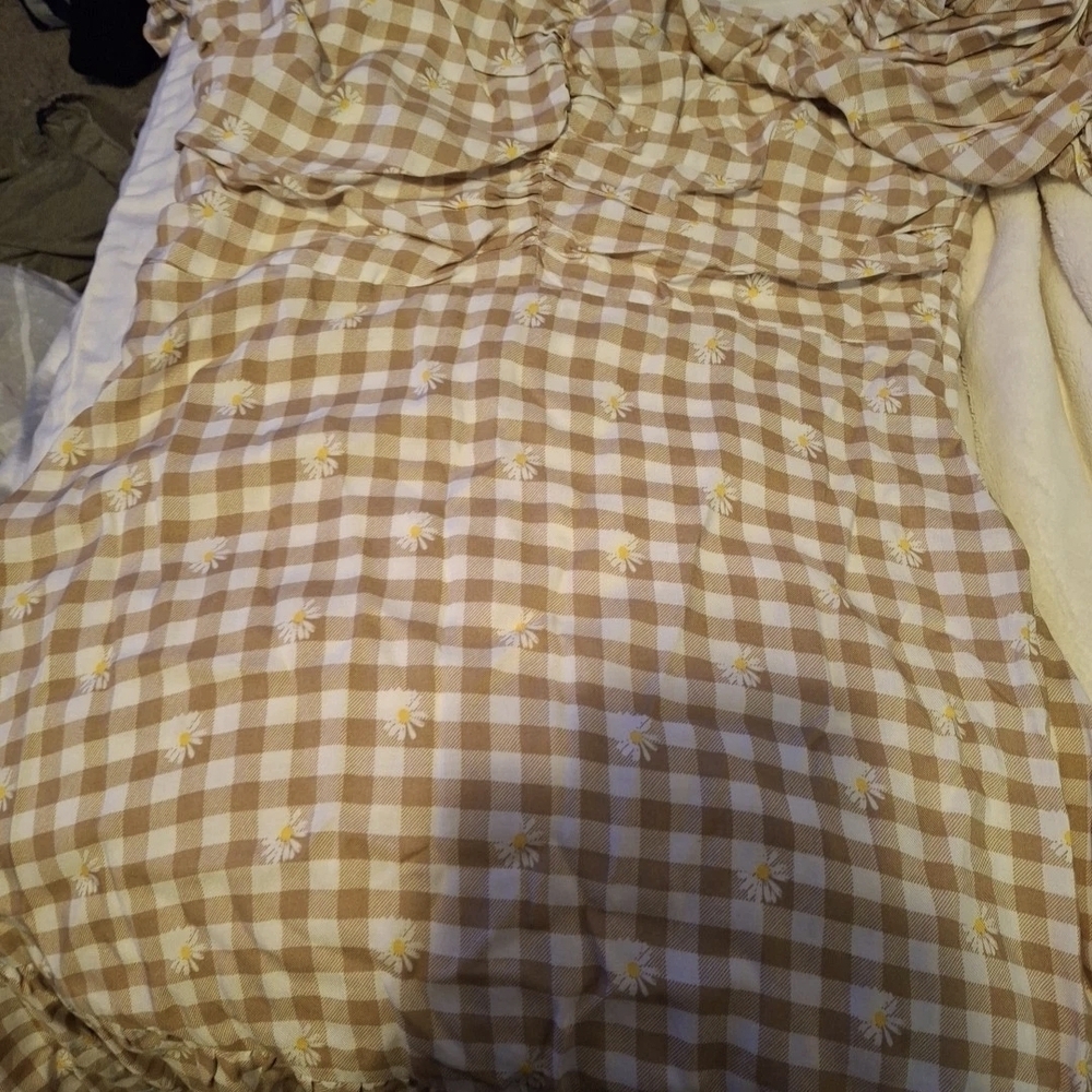 Beige Gingham Daisy Midi Dress - Women